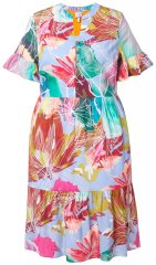 Ulla Popken 836746 Gebloemde midi-jurk met ruches Lichtblauw