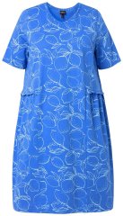 Ulla Popken 850204 Bedrukte T-shirtjurk met ruches Blauw