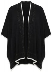 Ulla Popken 851127 Open gebreide poncho met strassrand Zwart