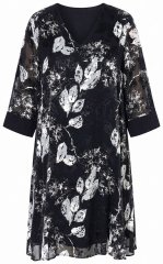 Ulla Popken 852959 Gebloemde jurk met driekwartmouwen Zwart