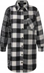 Ulla Popken Mixed Plaid Long Sleeve Button Down Shacket Black