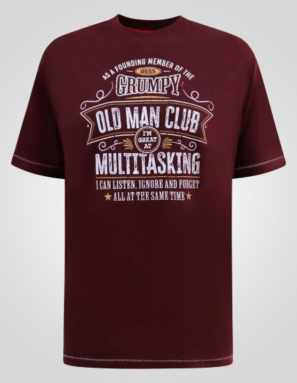D555 Baldwin Grumpy Old Man Club Print Crew Neck T-shirt Burgundy/ Black Twist - T-shirts - Grote Maten T-shirts Heren
