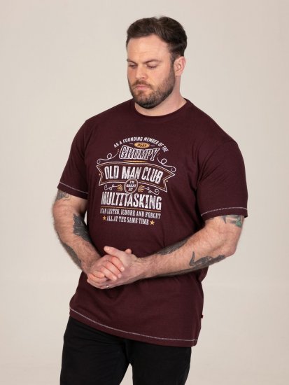 D555 Baldwin Grumpy Old Man Club Print Crew Neck T-shirt Burgundy/ Black Twist - T-shirts - Grote Maten T-shirts Heren