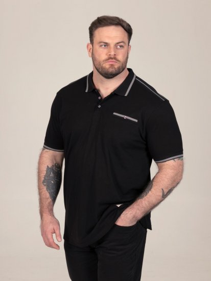 D555 Potts Jersey Polo With Jacquard Collar & Cuffs Zwart - Polo shirts - Grote Maten Poloshirts Heren
