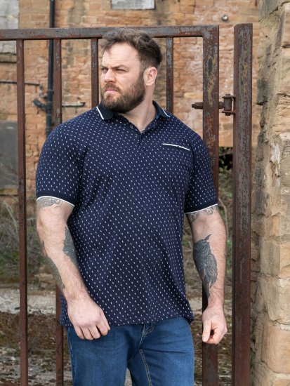 D555 Reid AOP Polo With Jacquard Collar, Pocket And Cuffs Navyblauw - Polo shirts - Grote Maten Poloshirts Heren