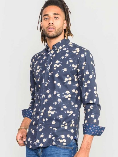 D555 Rooksey Floral Print Shirt Navy - Overhemden - Overhemden Grote Maten Heren