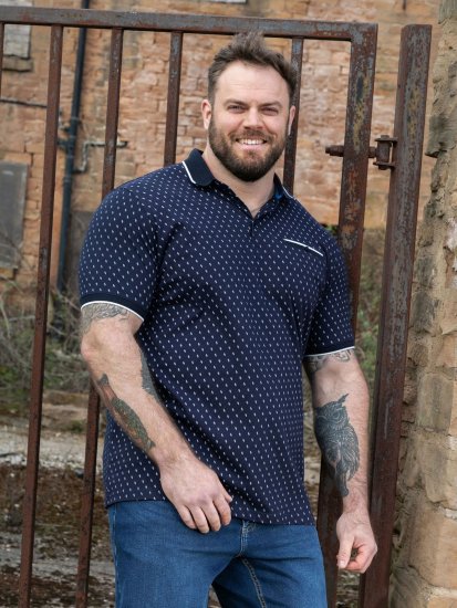 D555 Reid AOP Polo With Jacquard Collar, Pocket And Cuffs Navyblauw - Polo shirts - Grote Maten Poloshirts Heren