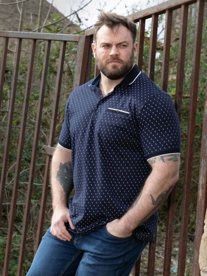 D555 Reid AOP Polo With Jacquard Collar, Pocket And Cuffs Navyblauw - Polo shirts - Grote Maten Poloshirts Heren