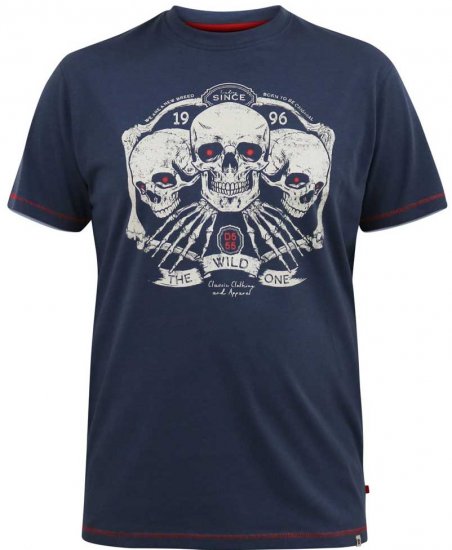 D555 COOK Trio Of Skulls Printed Crew Neck T-Shirt Slate Blue - T-shirts - Grote Maten T-shirts Heren