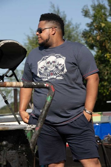 D555 COOK Trio Of Skulls Printed Crew Neck T-Shirt Slate Blue - T-shirts - Grote Maten T-shirts Heren