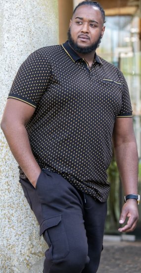D555 RAUL AOP Jersey Polo With Jacquard Collar, Ribs And Chest Pocket Black - Polo shirts - Grote Maten Poloshirts Heren