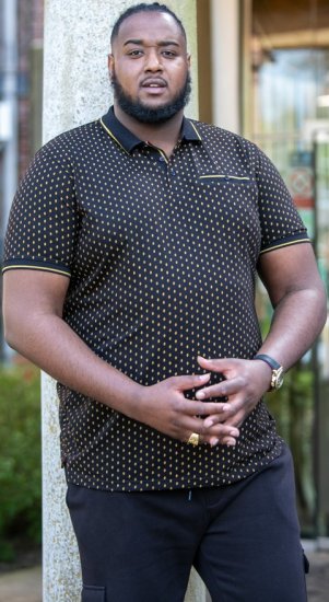 D555 RAUL AOP Jersey Polo With Jacquard Collar, Ribs And Chest Pocket Black - Polo shirts - Grote Maten Poloshirts Heren