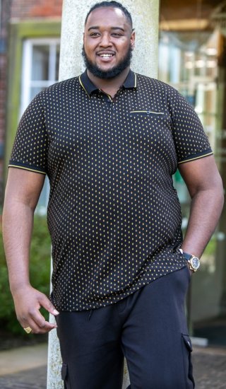 D555 RAUL AOP Jersey Polo With Jacquard Collar, Ribs And Chest Pocket Black - Polo shirts - Grote Maten Poloshirts Heren