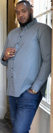 D555 MANGALA Geometric AOP Long Sleeve Shirt With Concealed Button Down Collar Navy - Overhemden - Overhemden Grote Maten Heren