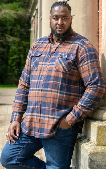 D555 SHERLOCK Check Overshirt With Two Patch Pockets & Button Down Collar Navy - Overhemden - Overhemden Grote Maten Heren