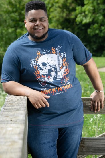 D555 NEAL Skull With Flames Printed Crew Neck T-Shirt Navy/Blue Twist - T-shirts - Grote Maten T-shirts Heren