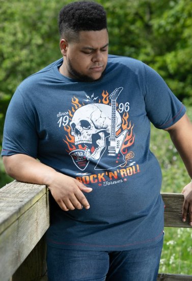 D555 NEAL Skull With Flames Printed Crew Neck T-Shirt Navy/Blue Twist - T-shirts - Grote Maten T-shirts Heren