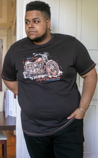 D555 LORNE Motor Bike Splatter Printed Crew Neck T-Shirt Washed Black - T-shirts - Grote Maten T-shirts Heren