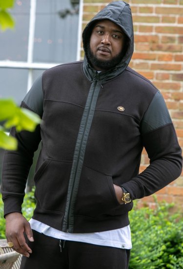 D555 DEAN Couture Zip Through Hoody With Woven Contrast Fabric Trim Black - Sweaters & hoodies - Sweaters & Hoodies Grote Maten Heren