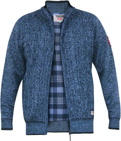 D555 ECCLES Cable Knitted Zip Through Sweater With Bonded Check Lining Denim Marl - Sweaters & hoodies - Sweaters & Hoodies Grote Maten Heren