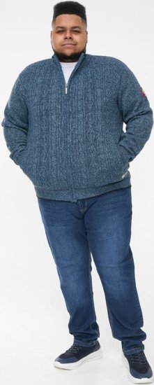 D555 ECCLES Cable Knitted Zip Through Sweater With Bonded Check Lining Denim Marl - Sweaters & hoodies - Sweaters & Hoodies Grote Maten Heren