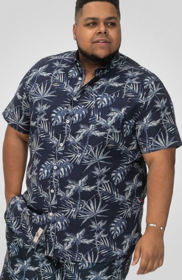 D555 Truro Hawaiian AOP Short Sleeve Button Down Collar Shirt Navy - Overhemden - Overhemden Grote Maten Heren