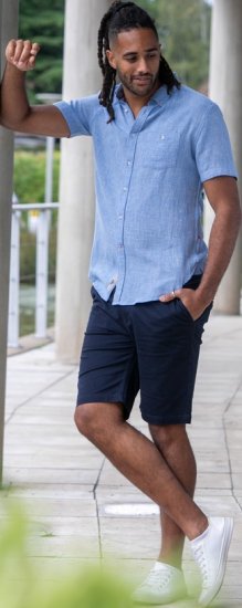D555 Falmouth 1 Linen Mix Short Sleeve Shirt With Button Down Blue - Overhemden - Overhemden Grote Maten Heren