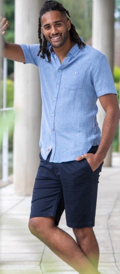 D555 Falmouth 1 Linen Mix Short Sleeve Shirt With Button Down Blue - Overhemden - Overhemden Grote Maten Heren