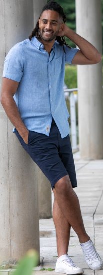 D555 Falmouth 1 Linen Mix Short Sleeve Shirt With Button Down Blue - Overhemden - Overhemden Grote Maten Heren