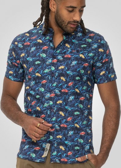 D555 Hartlepool Short Sleeve Vintage Car AOP Stretch Shirt Blue - Overhemden - Overhemden Grote Maten Heren