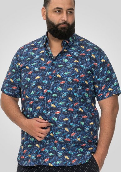 D555 Hartlepool Short Sleeve Vintage Car AOP Stretch Shirt Blue - Overhemden - Overhemden Grote Maten Heren