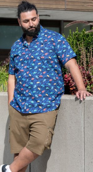 D555 Hartlepool Short Sleeve Vintage Car AOP Stretch Shirt Blue - Overhemden - Overhemden Grote Maten Heren