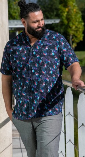 D555 Farnborough Short Sleeve Guitar AOP Shirt With Hidden Button Down Black - Overhemden - Overhemden Grote Maten Heren