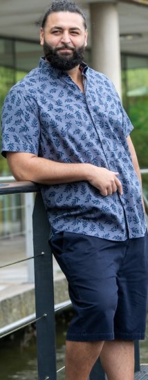 D555 Kettering Hawaiian Leaf AOP Short Sleeve Button Down Collar Shirt Denim - Overhemden - Overhemden Grote Maten Heren