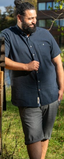 D555 Pontefract Jacquard Linen Mix Short Sleeve Shirt With Button Down Navy - Overhemden - Overhemden Grote Maten Heren