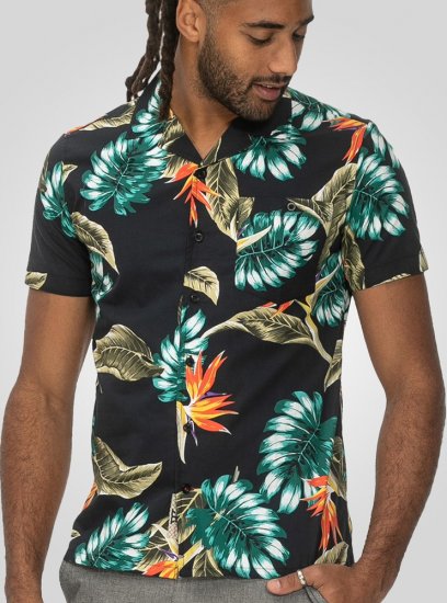 D555 Selby Hawaiian AOP Short Sleeve Revere Collar Shirt Black - Overhemden - Overhemden Grote Maten Heren