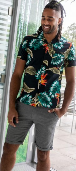 D555 Selby Hawaiian AOP Short Sleeve Revere Collar Shirt Black - Overhemden - Overhemden Grote Maten Heren