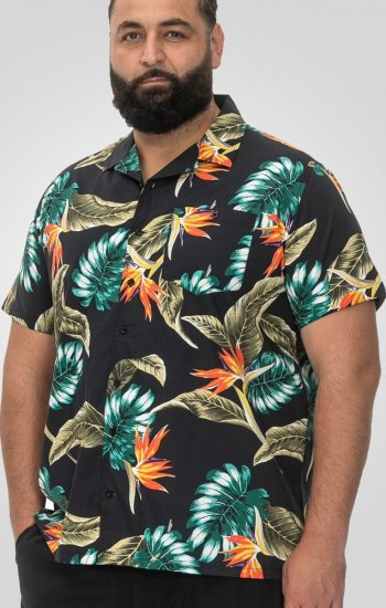 D555 Selby Hawaiian AOP Short Sleeve Revere Collar Shirt Black - Overhemden - Overhemden Grote Maten Heren