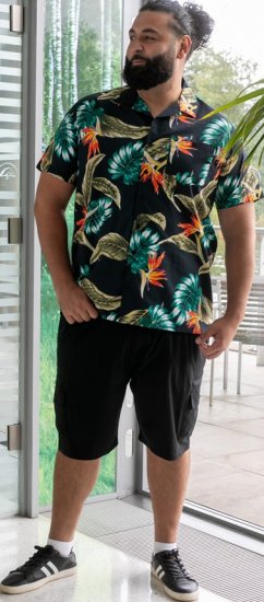 D555 Selby Hawaiian AOP Short Sleeve Revere Collar Shirt Black - Overhemden - Overhemden Grote Maten Heren