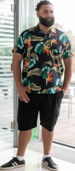 D555 Selby Hawaiian AOP Short Sleeve Revere Collar Shirt Black - Overhemden - Overhemden Grote Maten Heren