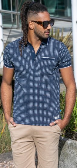 D555 Coventry AOP Polo Shirt Jacquard Collar & Ribbed Cuffs Navy - Polo shirts - Grote Maten Poloshirts Heren