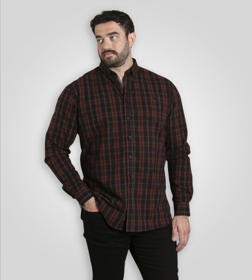 D555 Horsham Long Sleeve Shirt with Chest Pocket Burgundy/Black Check - Overhemden - Overhemden Grote Maten Heren