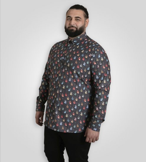 D555 Wakefield Long Sleeve AOP Guitar Printed Shirt Grey - Overhemden - Overhemden Grote Maten Heren