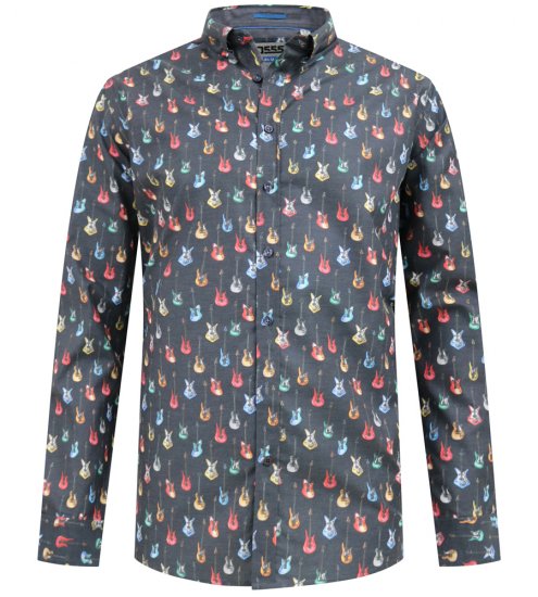 D555 Wakefield Long Sleeve AOP Guitar Printed Shirt Grey - Overhemden - Overhemden Grote Maten Heren
