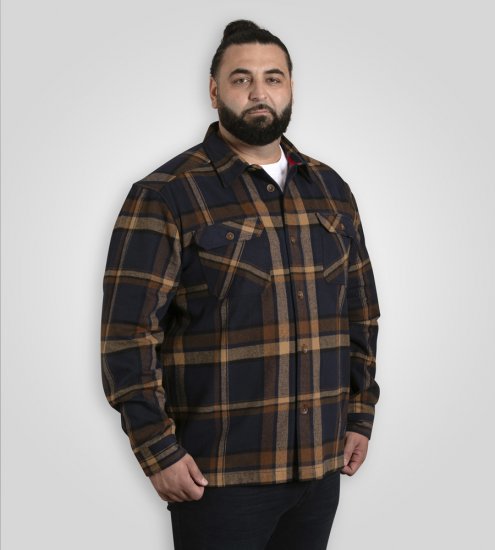 D555 Aldershot Long Sleeve Heavy Shacket Overshirt Tan/Navy Check - Overhemden - Overhemden Grote Maten Heren