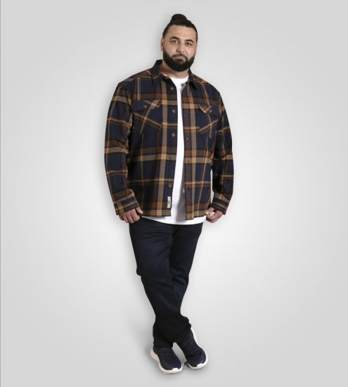 D555 Aldershot Long Sleeve Heavy Shacket Overshirt Tan/Navy Check - Overhemden - Overhemden Grote Maten Heren