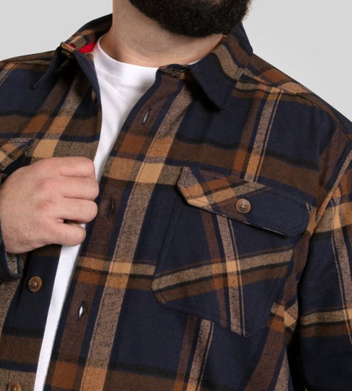 D555 Aldershot Long Sleeve Heavy Shacket Overshirt Tan/Navy Check - Overhemden - Overhemden Grote Maten Heren