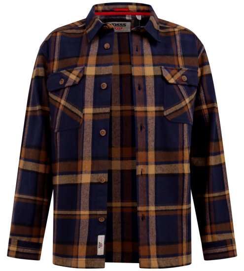 D555 Aldershot Long Sleeve Heavy Shacket Overshirt Tan/Navy Check - Overhemden - Overhemden Grote Maten Heren