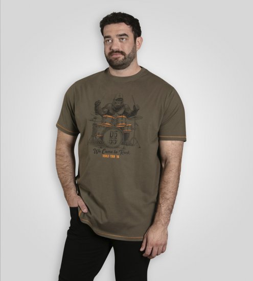 D555 Stockton Gorilla Playing Drums Crew Neck T-Shirt Khaki - T-shirts - Grote Maten T-shirts Heren