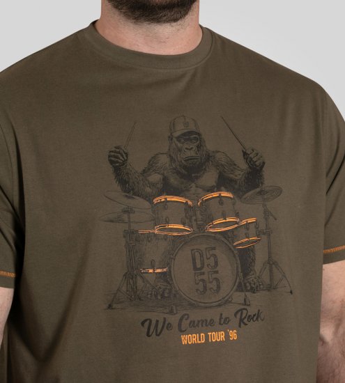 D555 Stockton Gorilla Playing Drums Crew Neck T-Shirt Khaki - T-shirts - Grote Maten T-shirts Heren